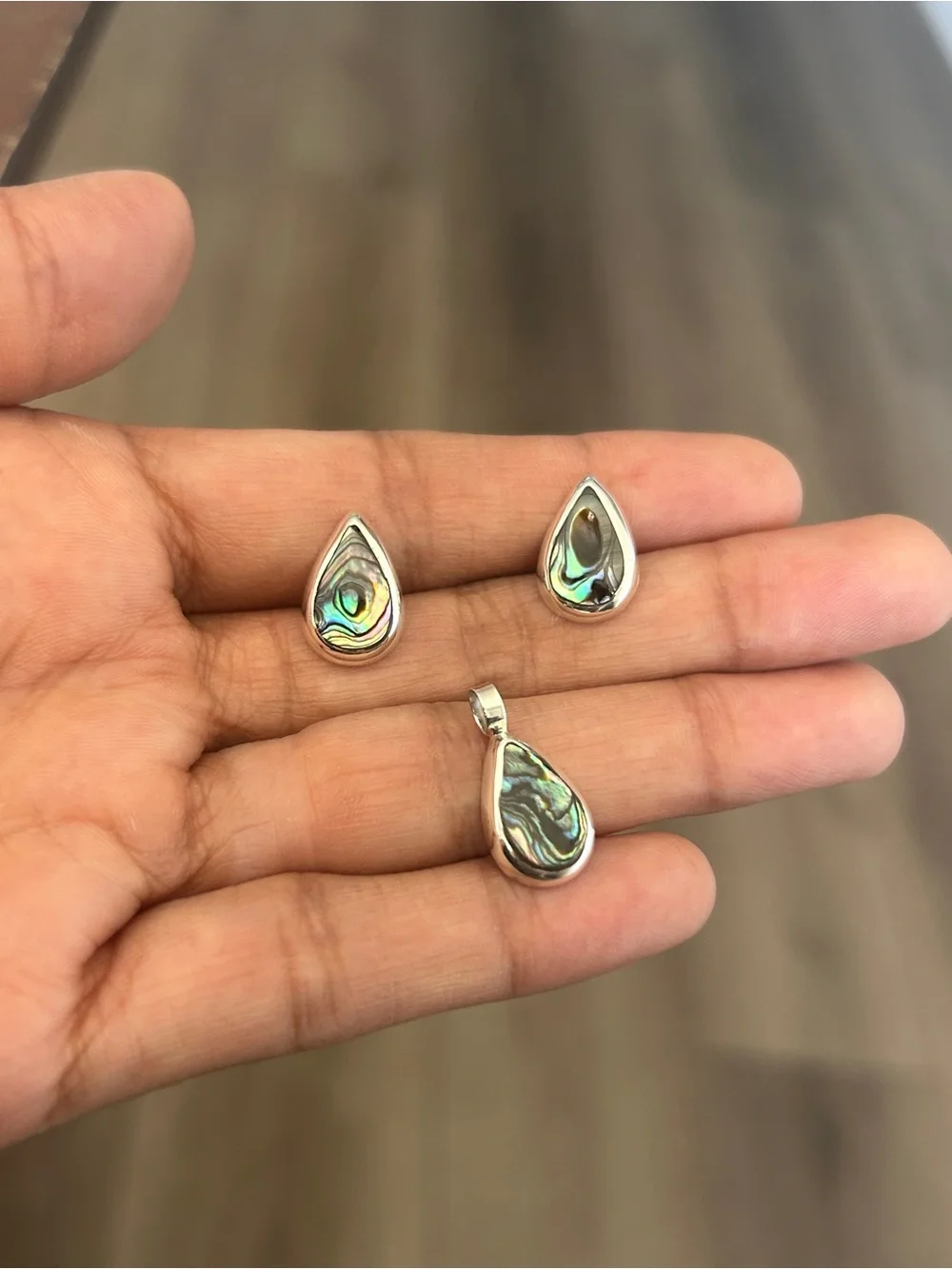Taxco Mexigo 925 Sterling Silver Abalone Shell Teardrop Earrings & Pendant Set